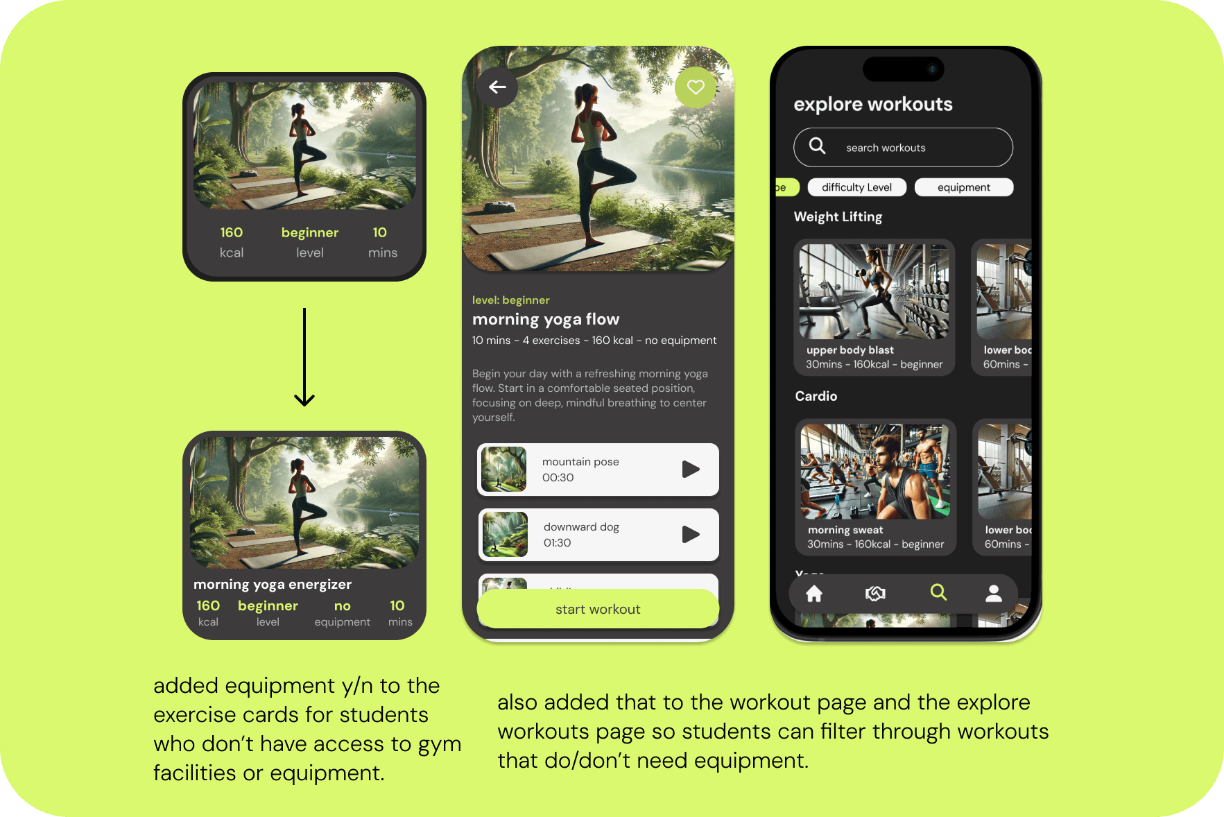 before and after of equipment needed feature, exercise cards, workout page, and explore workouts page